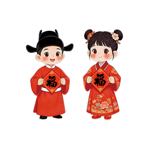 2026新款金童玉女汉服门贴春节窗户氛围布置汉服年画娃娃静电贴QT