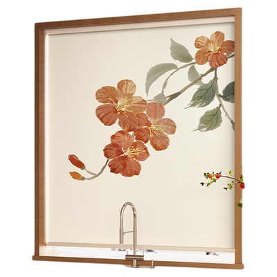 新中式厨房窗帘卷帘免打孔防油烟遮光帘2025新款隔热遮阳帘遮光帘