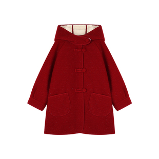 Amybaby女童上衣冬季2025新款轻奢氛围感毛呢连帽毛球扣大衣外套