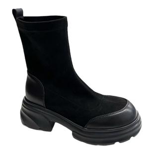 CBANNER千百度短靴女2024新款春秋单靴烟筒靴女厚底圆头A24590111