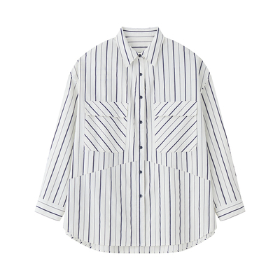 極简宽松翻领撞色条纹廓形衬衫