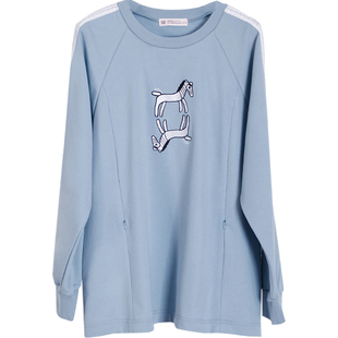 快乐屋孕妇哺乳卫衣2026春侧拉链下摆开叉动物图案圆领孕妇装上衣