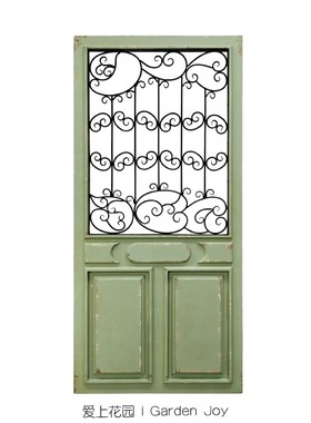 爱上花园|园艺杂货 露台阳台装饰摆件 铁艺花窗实木做旧绿色门板