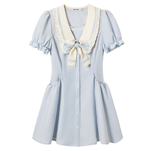 织物猪 蓝色岛屿 甜美学院风泡泡袖连衣裙女夏季小个子公主短裙子