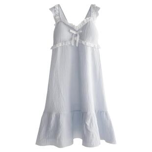 甜美蕾丝花边吊带睡裙女士夏季纯棉纱布薄款带胸垫家居服睡衣裙子