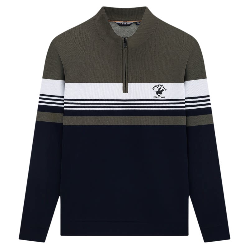 【针织混纺】比华利保罗2026秋冬男士半拉链撞色条纹T恤美式长袖