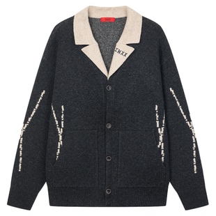 INXX美式复古针织衫男女同款撞色假两件翻领设计开衫毛衣情侣