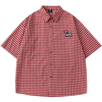 红色格纹腊肠狗刺绣宽松短袖衬衫