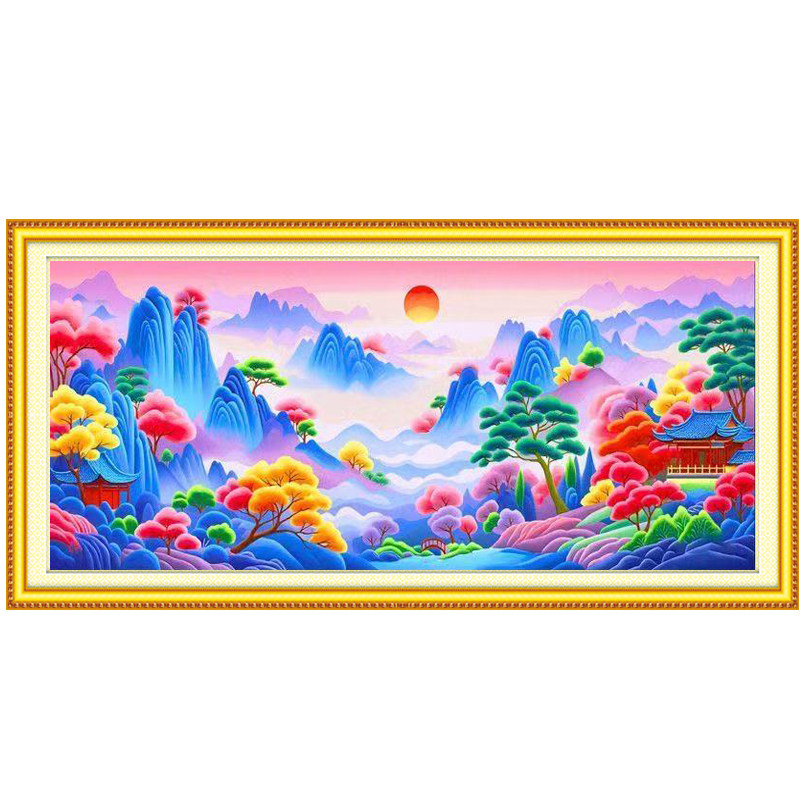 2026新款江山如画紫气东来客厅山水大副风景挂画手工印花刺绣大格