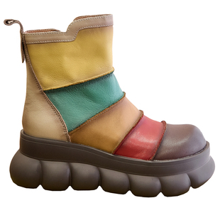 新国风厚底马丁靴女款新款秋冬季加绒短筒女鞋真皮拼色彩虹短靴子