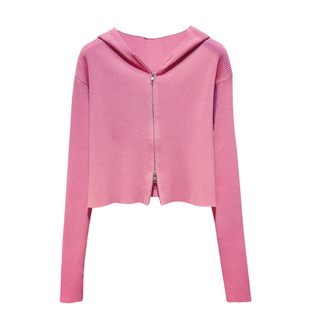 春秋季新款韩国双拉链针织衫女开衫外套短款高腰毛衣外搭连帽上衣