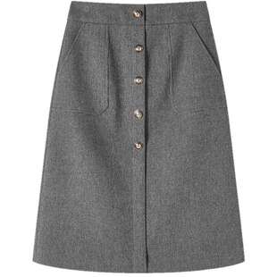 菲妮迪品牌半身裙2025冬季新款简约羊毛时尚高腰中长款A字半裙女