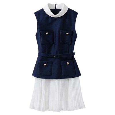 【早秋新款】假两件设计法式撞色拼接半高领无袖名媛小香风连衣裙