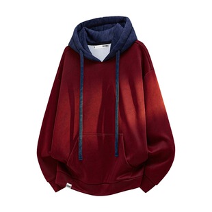 it izzue美式撞色拼接连帽卫衣男秋冬加绒宽松套头长袖上衣外套Y