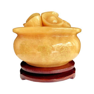 黄玉石聚宝盆摆件招财聚财家居客厅办公室摆件装饰品店铺开业礼品