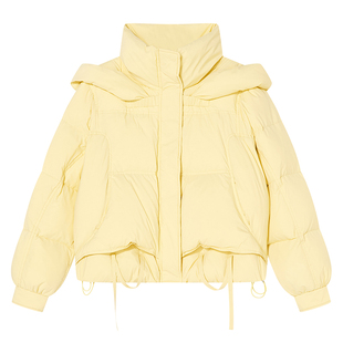 Goodland美地冬季浅黄色鸭绒立领连帽面包羽绒服女短款LC34508020