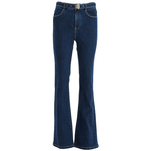 OBEG欧碧倩复古蓝简约牛仔裤女春季垂感修长休闲微喇裤子10481035