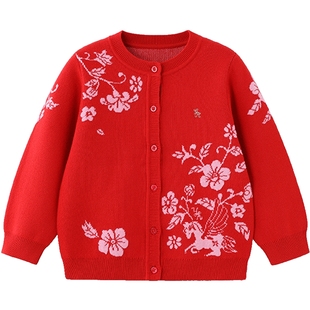 【商场同款】英氏女童针织开衫外套毛衣女宝新款新年喜庆拜年服