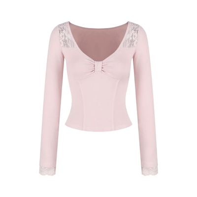 甜辣妹V领扭结修身长袖T恤显瘦