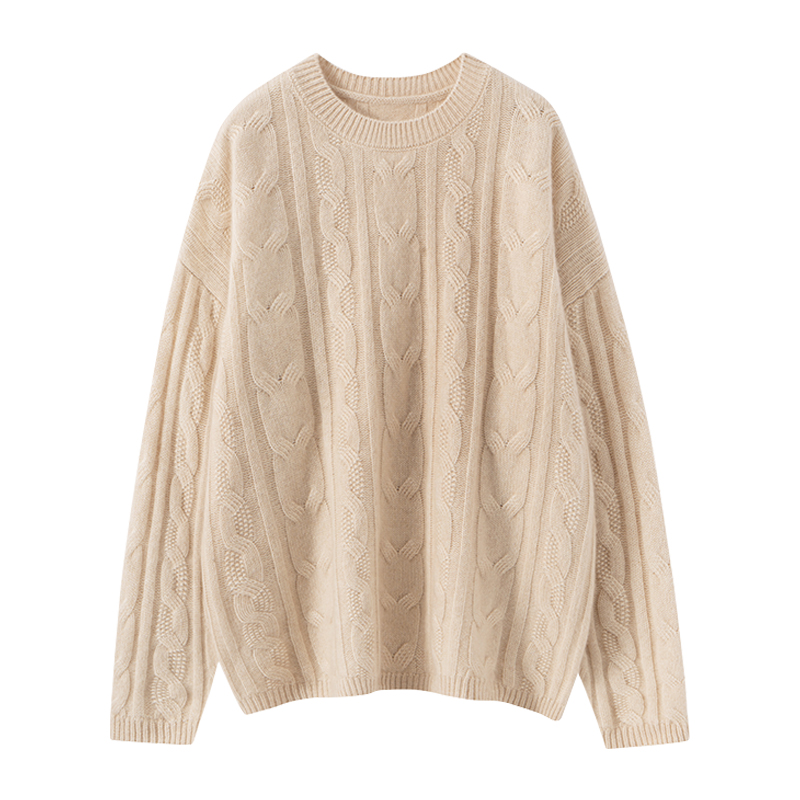 轻柔软糯~山羊绒衫秋冬加厚女圆领麻花宽松毛衣女针织打底衫保暖