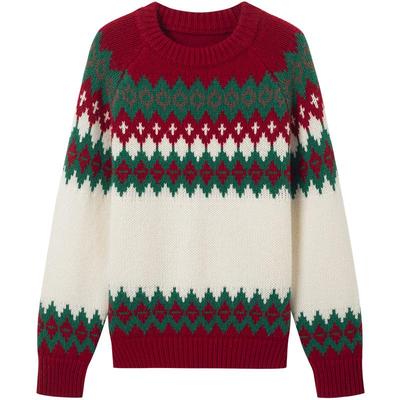 KBNE【全羊毛】费尔岛红色毛衣女打底针织衫卫衣秋冬新款加厚上衣