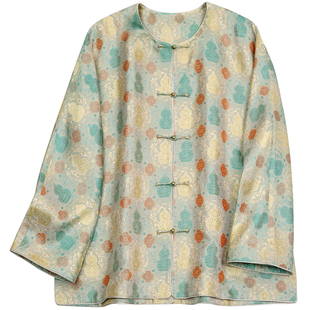 菲伊唐新中式复古改良中国风真丝蜀锦对襟长袖外套圆领唐装女上衣