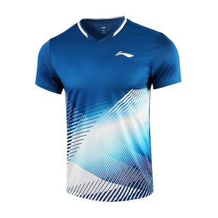 专业羽毛球服李宁男上衣女短袖大赛运动服透气加大正品印字白蓝色