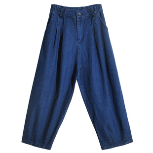 松紧腰宽松日系慵懒风女裤子复古深蓝色牛仔裤春秋薄款高腰阔腿裤