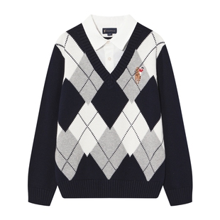 POLOWALK童装男童针织衫2025新品韩系假两件衬衫领格纹针织衫男童
