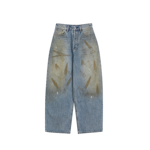 留下 1992 早春重工水洗牛仔裤女百搭宽松泥脏脏休闲弯刀阔腿裤女