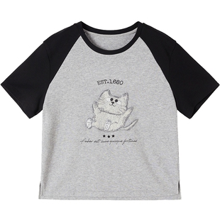 URLAZH有兰夏季新款萌趣减龄U等等猫咪绣花圆领拼色短袖T恤上衣女