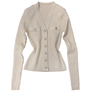 现货~小芬家FEN家秋冬富家千金小香风V领垫肩针织开衫丝巾两件套