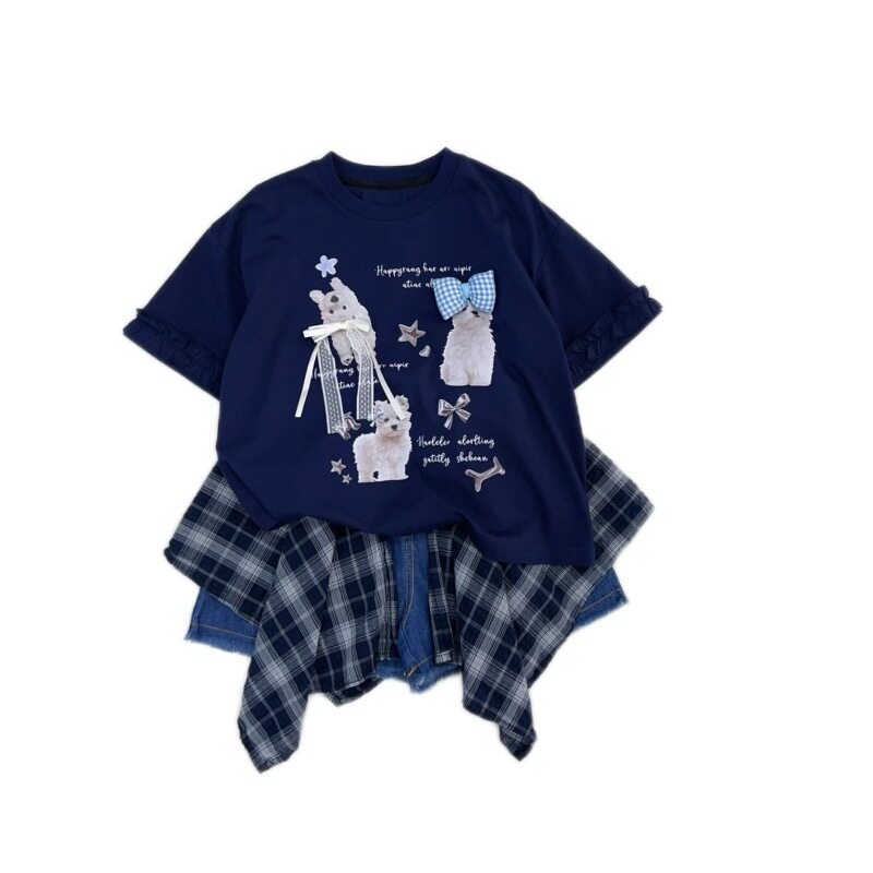 女童套装夏季格子牛仔短裤两件套