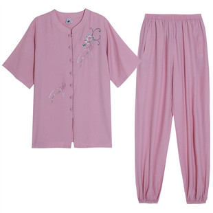 夏季薄款棉麻刺绣无领短袖太极服女圆领太极拳练功服表演比赛晨练