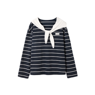时然大码条纹T恤微胖女装海军领上衣百搭撞色春季新品宽松长袖