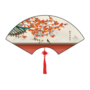 扇形扇面挂画中国结新中式客厅装饰画饭店背景墙柿子墙面壁画