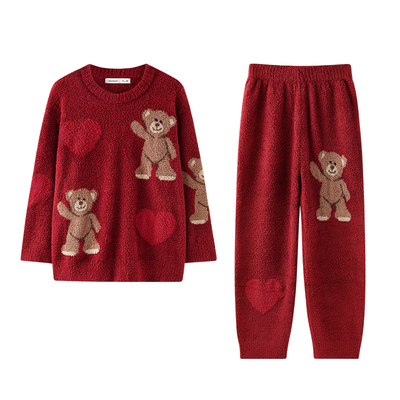 贝妍女款冬季保暖半边绒小熊睡衣