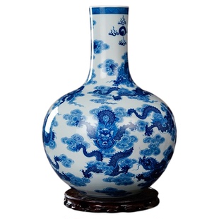 手绘柴窑青花瓷祥云九龙纹天球瓶景德镇陶瓷花瓶 钟家窑客厅摆件