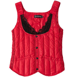 吉皮鸟新款女士羽绒棉马甲秋冬短款大码保暖背心内穿黑色蕾丝吊带