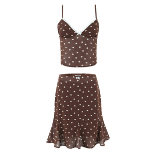 海边穿搭度假两件套装波点V领短款露背吊带小个子鱼尾半身裙女夏