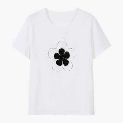 Basic House/百家好立体花朵钉珠T恤白色休闲圆领短袖上衣夏2025