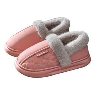 防水棉拖鞋女款冬季2026新款室内家居加厚加绒皮面包跟棉拖女家用