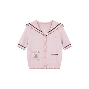 一城画一夏季薄款套头毛衫海军领设计减龄萱草花绣花纯色上衣