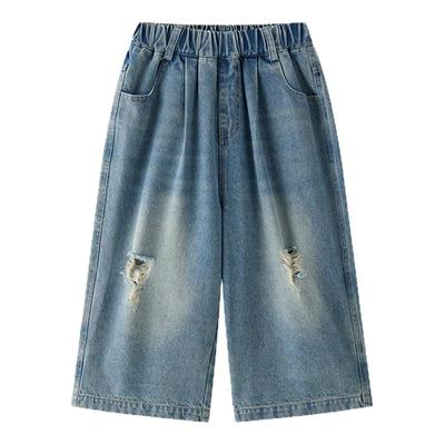 虾酱麻麻蓝色破洞八分牛仔裤