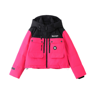 2026ERAL艾莱依工装风拼色连帽短款羽绒服女宽松保暖时尚潮流外套