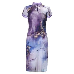 阿丹娜女装夏季新款紫色印花珠片旗袍新中式连衣裙子时尚官方正品