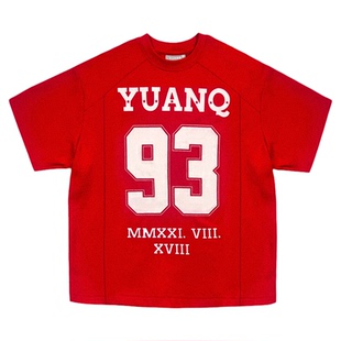 YUANQ大红罗马棒球服美式短袖复古T恤小众宽松休闲百搭上衣潮牌