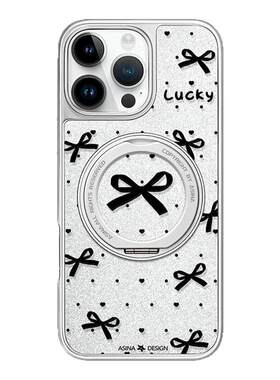 赫本蝴蝶结适用苹果17Promax手机壳新款iPhone16Pro磁吸带支架套Qo1支点好看简约女ip15高级感闪粉13pm全包14