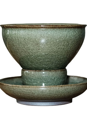宋研 | 徐文忠柴窑点茶盏 手工冰裂玉子茶末釉仿宋柴烧束口建盏托