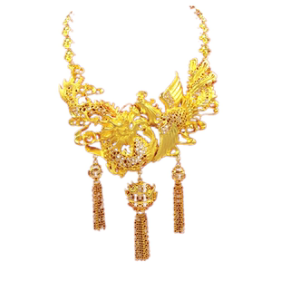 新款霸气凤凰花镀黄金色项链新娘结婚龙凤手镯套装戒指耳环三金饰